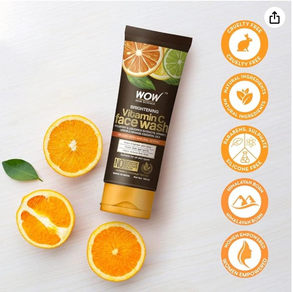 WOW Skin Science Brightening Vitamin C Face Wash | All Skin Types | Glowing Bright Skin | Refreshing | Paraben & Sulphates Free | Face Wash for Women & Men | 80 ml