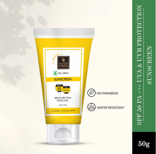 Good Vibes UVA & UVB Protection SPF 50 PA+++ Broad Spectrum Gel Creme | Water Resistant, Anti-Ageing | No Parabens, No Animal Testing (50 g)