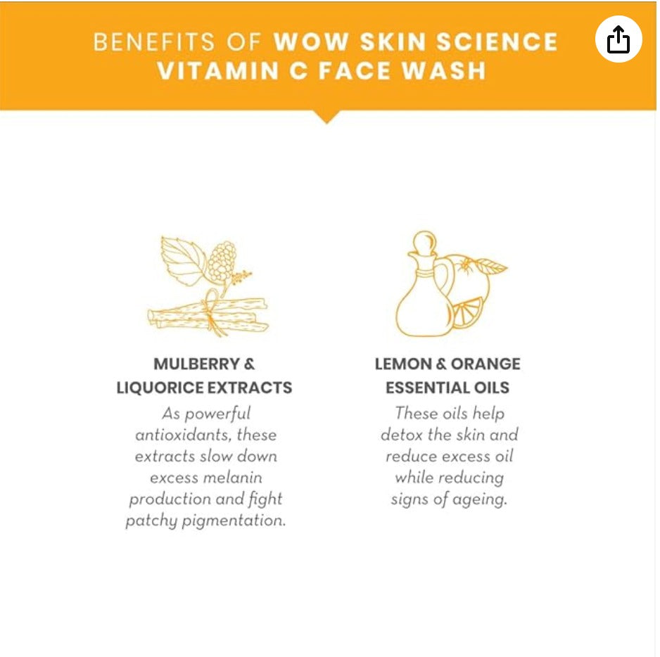 WOW Skin Science Brightening Vitamin C Face Wash | All Skin Types | Glowing Bright Skin | Refreshing | Paraben & Sulphates Free | Face Wash for Women & Men | 80 ml