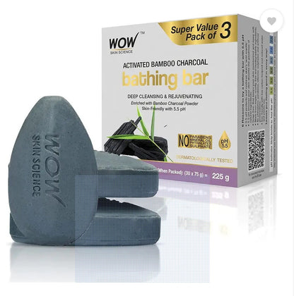 WOW SKIN SCIENCE Activated Bamboo Charcoal Bathing Bar - with Bamboo Charcoal Powder - Super Value Pack of 3 - Skin-Friendly with 5.5 pH - No Parabens, Mineral Oil, Phthalates, Sulphate - 225g  (3 x 75 g)