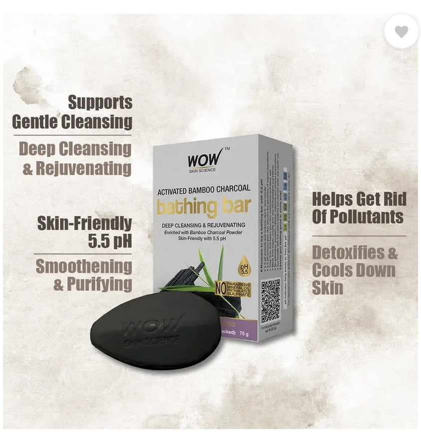 WOW SKIN SCIENCE Activated Bamboo Charcoal Bathing Bar - with Bamboo Charcoal Powder - Super Value Pack of 3 - Skin-Friendly with 5.5 pH - No Parabens, Mineral Oil, Phthalates, Sulphate - 225g  (3 x 75 g)