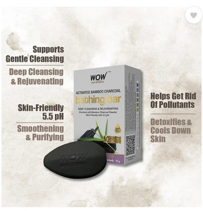 WOW SKIN SCIENCE Activated Bamboo Charcoal Bathing Bar - with Bamboo Charcoal Powder - Super Value Pack of 3 - Skin-Friendly with 5.5 pH - No Parabens, Mineral Oil, Phthalates, Sulphate - 225g  (3 x 75 g)