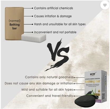 WOW SKIN SCIENCE Activated Bamboo Charcoal Bathing Bar - with Bamboo Charcoal Powder - Super Value Pack of 3 - Skin-Friendly with 5.5 pH - No Parabens, Mineral Oil, Phthalates, Sulphate - 225g  (3 x 75 g)