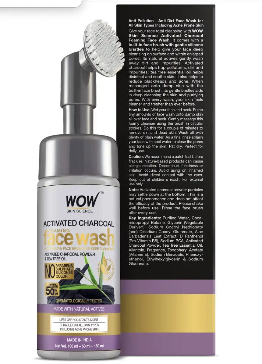 WOW SKIN SCIENCE Activated Charcoal Foaming Face Wash with Built-In Face Brush - 150 ml