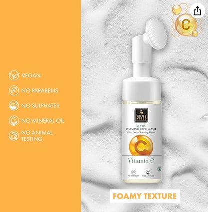 Good Vibes Vitamin C Glow Foaming Face Wash With Deep Cleansing Brush, 150 ml Non-Drying Brightening Face Cleanser For Clear Skin | No Parabens, No Sulphates, No Animal Testing
