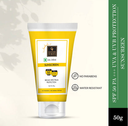 Good Vibes UVA & UVB Protection SPF 50 PA+++ Broad Spectrum Gel Creme | Water Resistant, Anti-Ageing | No Parabens, No Animal Testing (50 g)